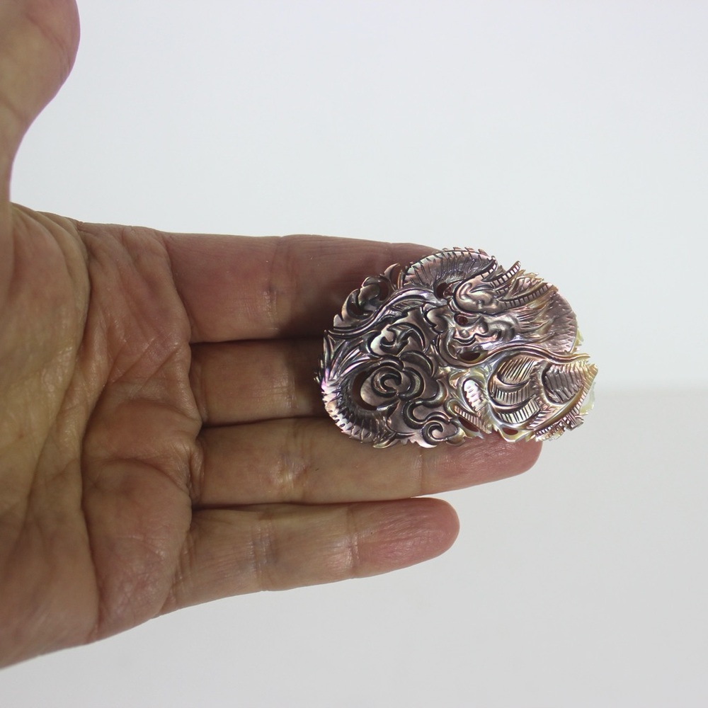 Vintage Carved Nacre Chinese Dragon Pin Brooch Iridescent Shell